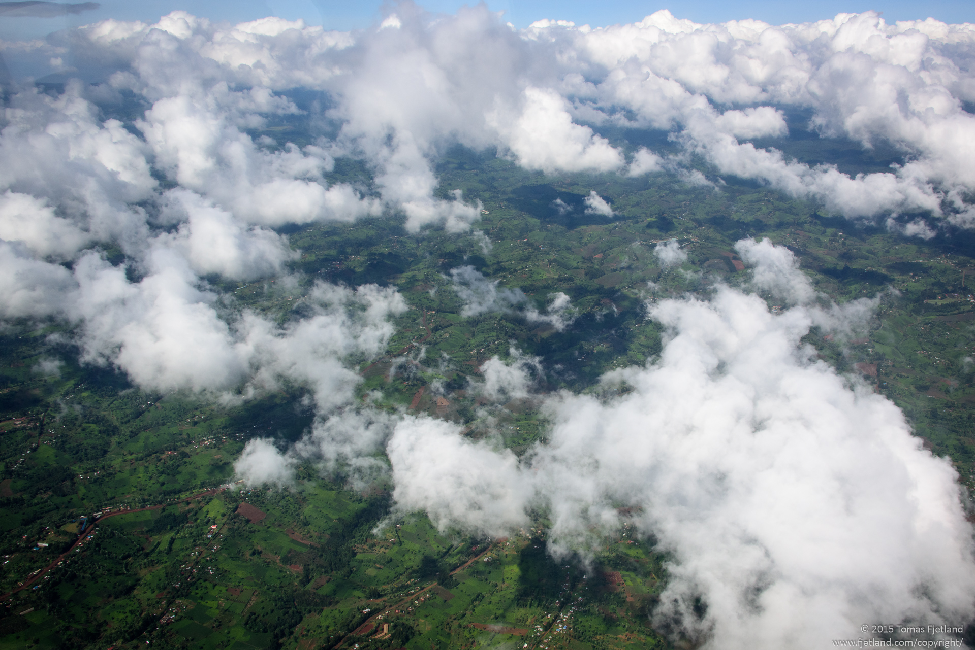 Patches of small farming plots seen from a plane heading north from Nairobi